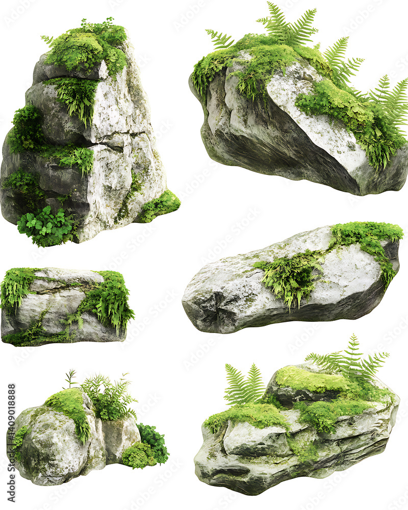illustrations of various trees, leaves, grasses, and botanical elements on white background.