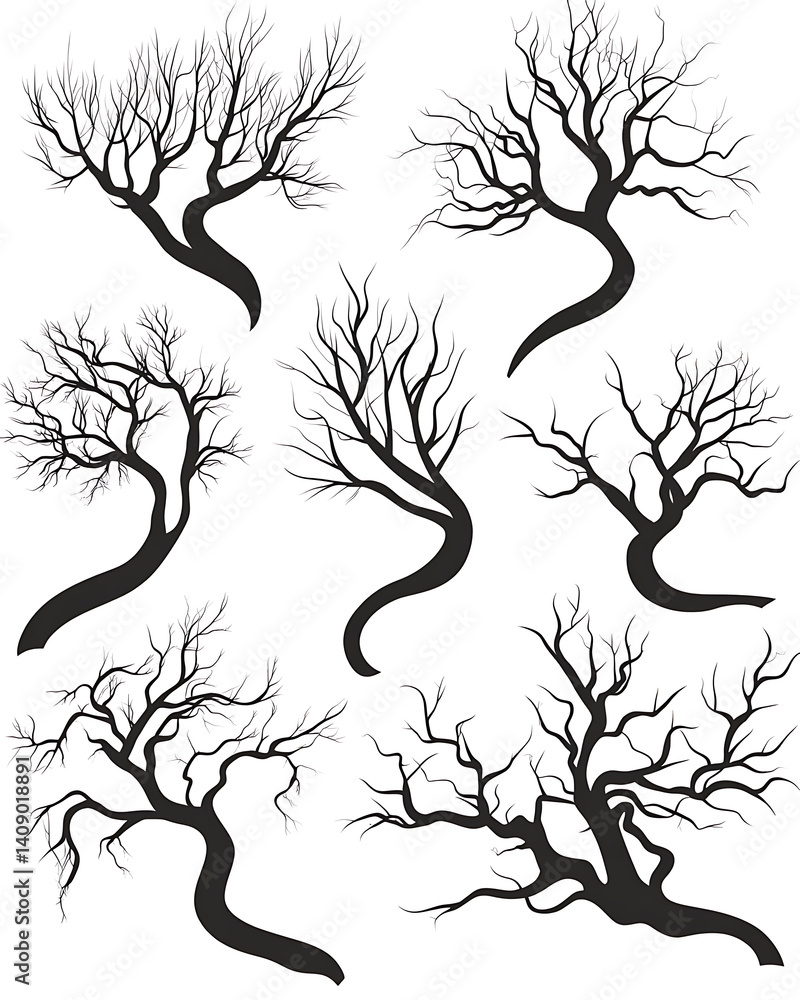 illustrations of various trees, leaves, grasses, and botanical elements on white background.