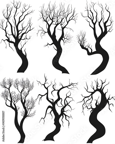 Obraz na płótnie illustrations of various trees, leaves, grasses, and botanical elements on white background. w salonie