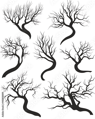 Obraz na płótnie illustrations of various trees, leaves, grasses, and botanical elements on white background. w salonie