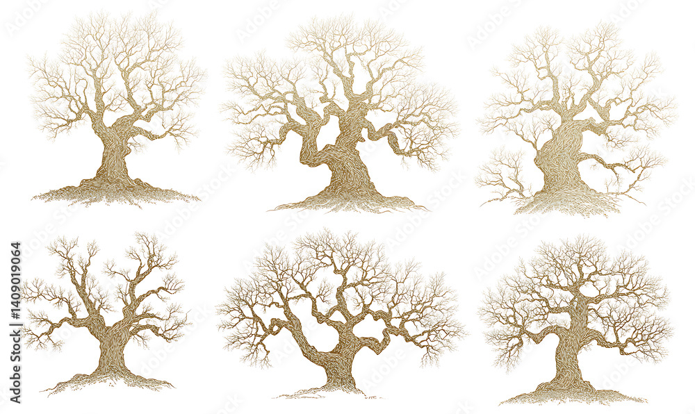 illustrations of various trees, leaves, grasses, and botanical elements on white background.