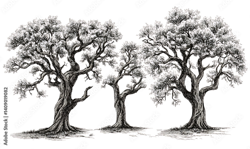 illustrations of various trees, leaves, grasses, and botanical elements on white background.