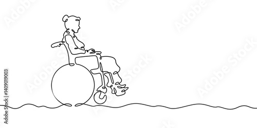 Continuous one line drawing man sitting in a wheelchair. Disabled person riding in a wheelchair
