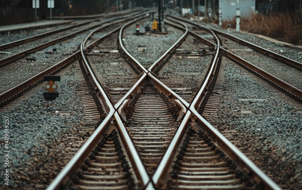 Naklejka premium Railway Intersection: A Network of Metal Tracks and Gravel