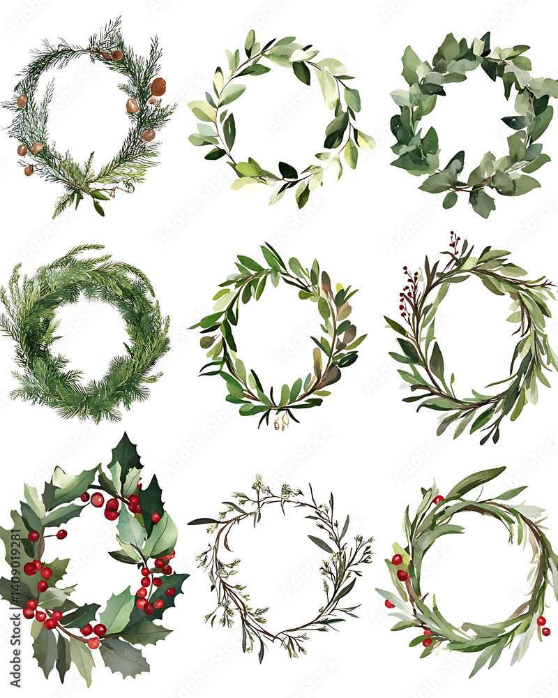 illustrations of various trees, leaves, grasses, and botanical elements on white background.