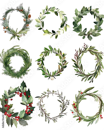 Obraz na płótnie illustrations of various trees, leaves, grasses, and botanical elements on white background. w salonie