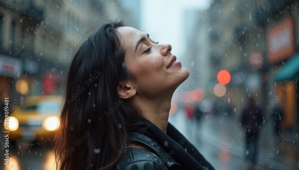Woman Enjoys a Snowy Day in a City Street with Soft Smiles and Calm Expressions Woman Enjoys a Snowy Day in a City Street with Soft Smiles and Calm Expressions