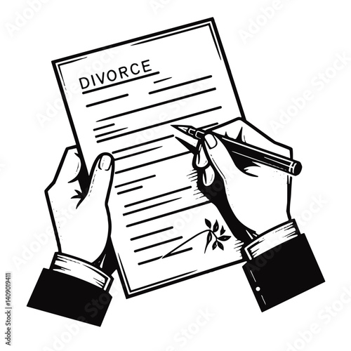 Minimalistic line art illustration of hands signing divorce papers, symbolizing separation