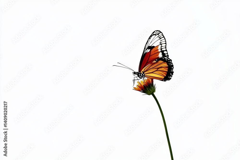 Obraz premium A beautiful butterfly perched on the tip of a flower, isolated against a white background 