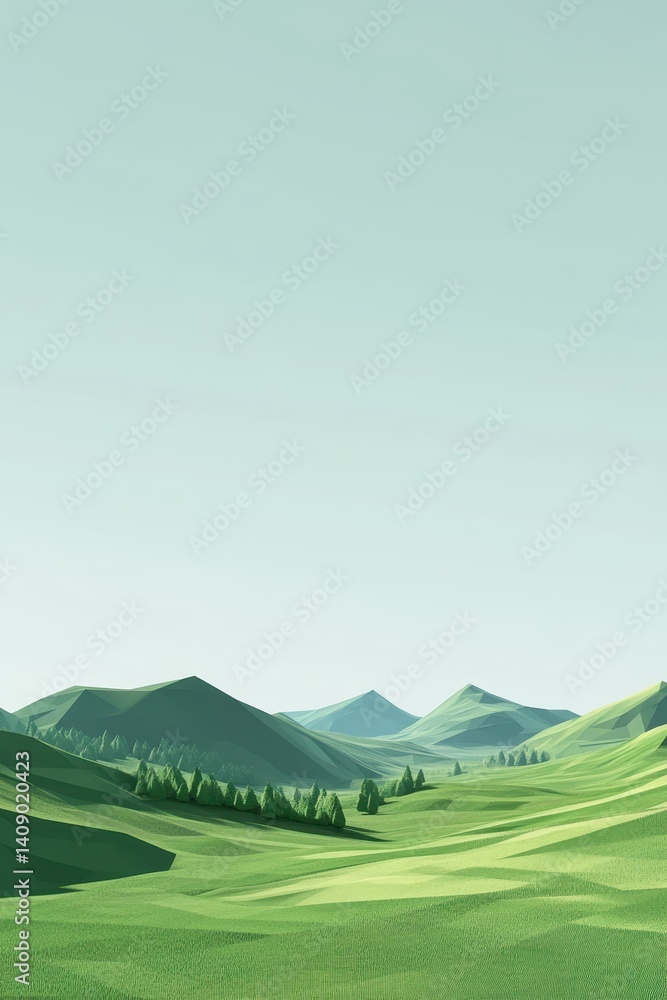Fototapeta premium Serene Green Landscape with Rolling Hills and Clear Sky