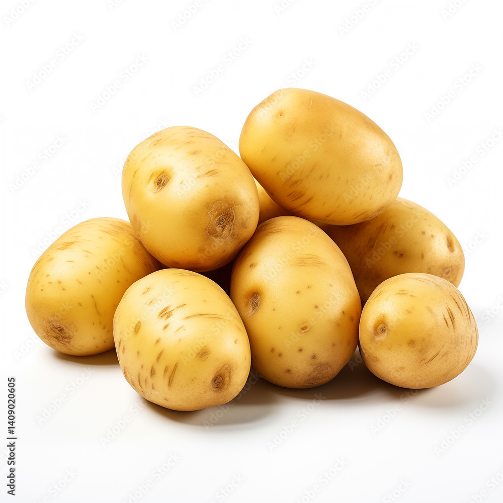 Pile of Yellow Potatoes Stacked Together on a White Background Freshly Harvested Pile of Yellow Potatoes Stacked Together on a White Background Freshly Harvested