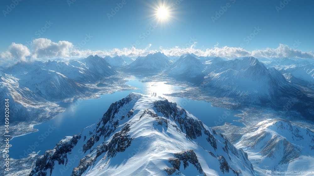 A breathtaking aerial view of a vast mountain range and snow-covered peaks under a bright sun and blue sky A breathtaking aerial view of a vast mountain range and snow-covered peaks under a bright sun and blue sky