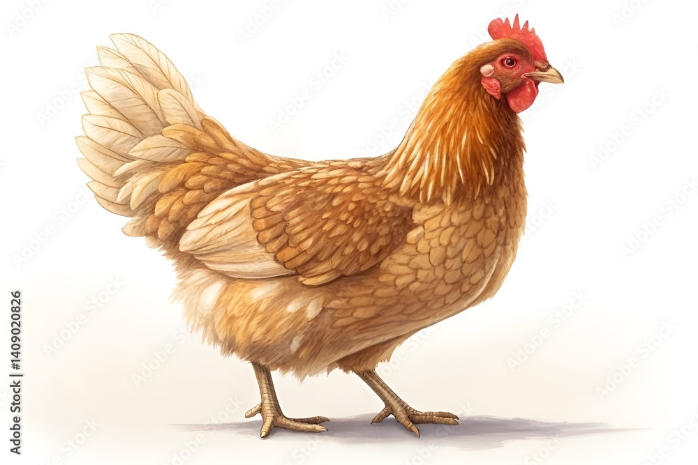 Fototapeta premium Elegant Brown Hen Profile on White Background – Detailed Feather Illustration