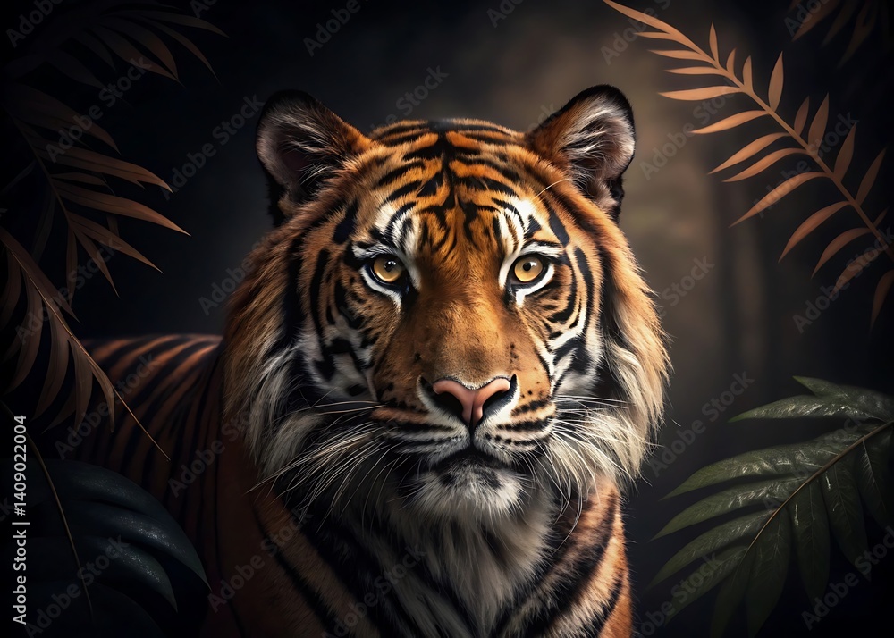 Majestic Tiger in Jungle Foliage Looking Directly at Camera Majestic Tiger in Jungle Foliage Looking Directly at Camera