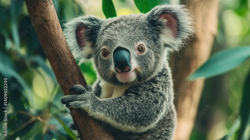 Fototapeta premium This charming koala is perched on a tree branch, showcasing its fluffy fur and curious expression amidst lush green leaves. A captivating sight.