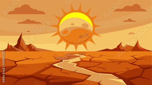 The intense heat of the sun beating down on the barren land causing the soil to crack and parch adding to the desolation of the landscape.. Vector illustration