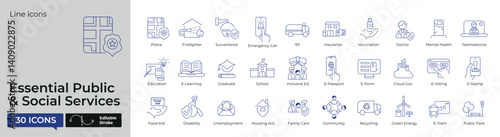 Social and Government Services thin line  Editable Vector Icons  – Public Safety, Healthcare, Education, and More.