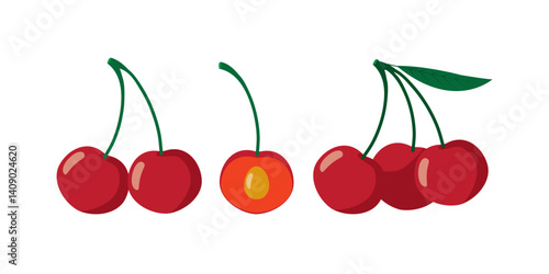 Cherry berry set. Juicy ripe cherries with leaves. Summer berries. Flat Vector illustration isolated on white background