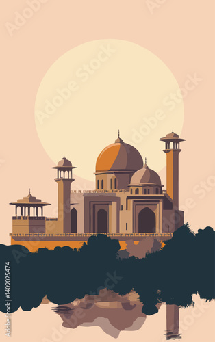 Retro-Styled Poster of Historic Indian Architecture with Warm Sunlit Silhouette