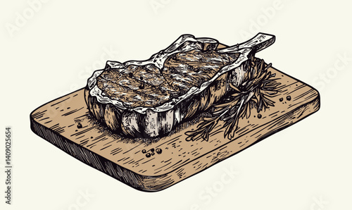 Hand-Drawn Meat Steak on Wooden Board Engraving Style Vector Illustration