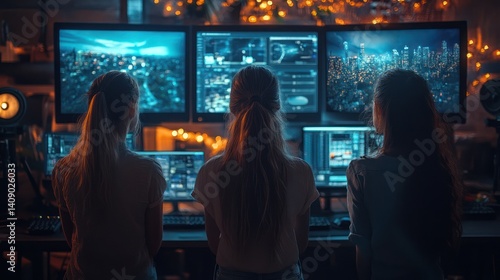 Obraz na płótnie Security operators monitoring surveillance screens w salonie