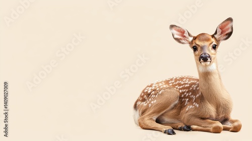 Cute young fawn lying down with soft brown fur and innocent eyes