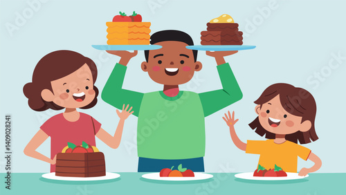 Children eagerly piling their plates high with heaping sfuls of the savory beef dish while their parents smile in contentment.. Vector illustration