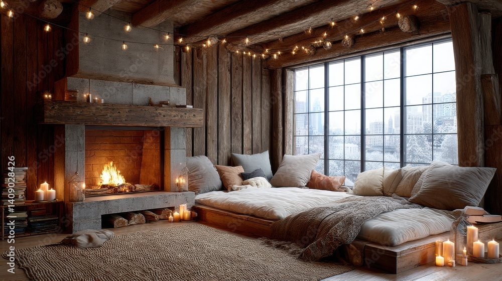 Cozy room featuring a fireplace, couch, and glowing candles for a warm ambiance, Hello Summer background. Cozy room featuring a fireplace, couch, and glowing candles for a warm ambiance, Hello Summer background.