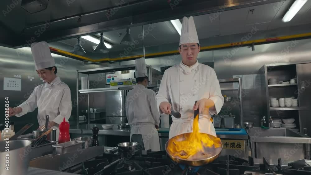White uniform Professional Chef hold wok with fire at kitchen restaurant. Portrait of cook man with wok. Flambler or cooking vegetables with spices on natural fire White uniform Professional Chef hold wok with fire at kitchen restaurant. Portrait of cook man with wok. Flambler or cooking vegetables with spices on natural fire