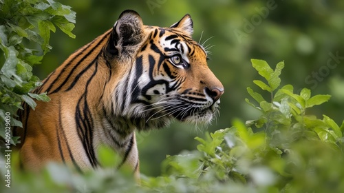 Majestic Tiger Profile Amid Lush Green Foliage in Natural Habitat