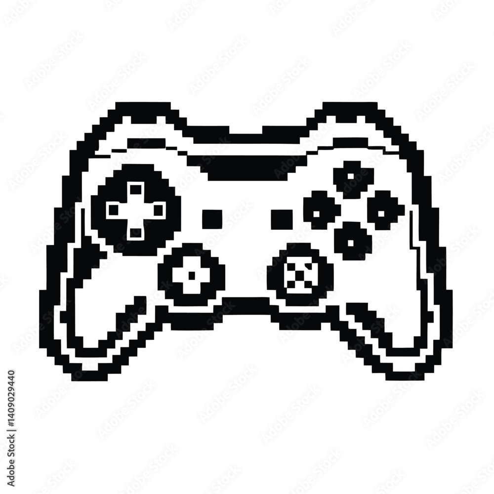 Fototapeta premium Pixelated Style Game Controller, Black and White, Isolated on White, Classic Design
