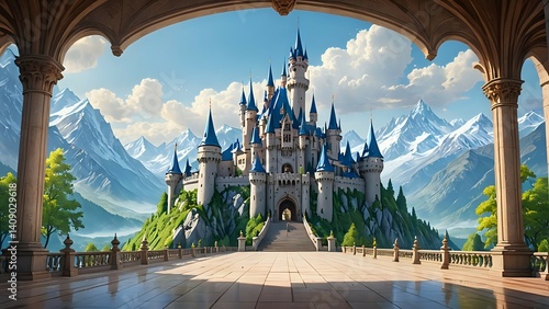 Majestic Castle View with Snowy Mountains and Blue Sky Background