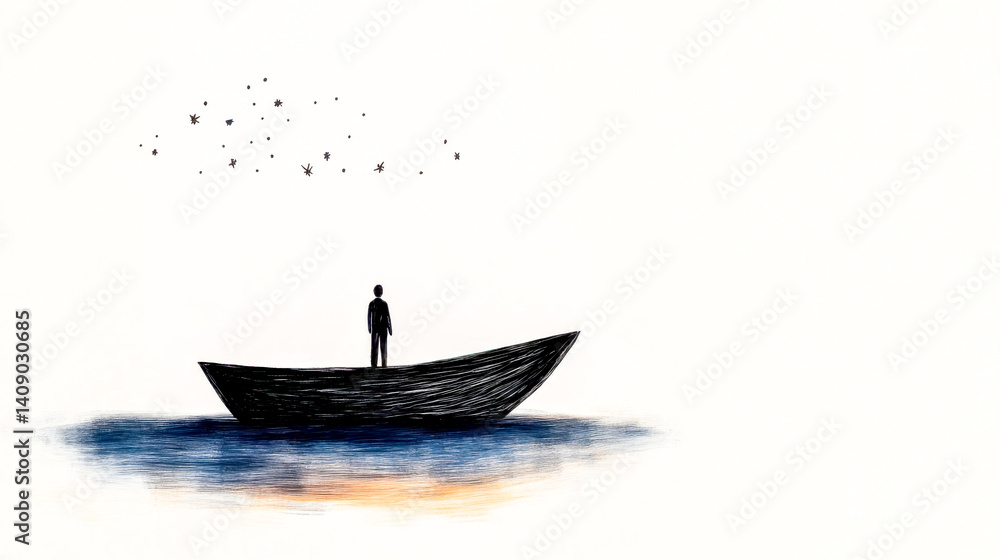 Fototapeta premium Fisherman standing on boat looking at starry sky minimalist drawing