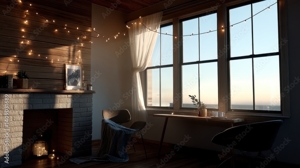 Cozy room featuring a fireplace and a well-lit window, creating a warm atmosphere, Hello Summer background. Cozy room featuring a fireplace and a well-lit window, creating a warm atmosphere, Hello Summer background.