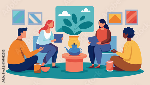 In an art gallery a group of friends sits in a circle discussing and analyzing the various pieces on display as they share a ceramic mate pot.. Vector illustration