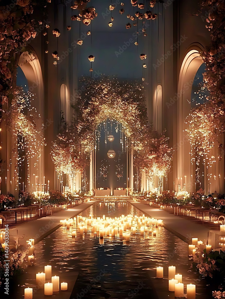 Luxurious wedding scenes in elegant natural and architectural settings, surrounded by florals, candlelight, and evolving romantic atmospheres...