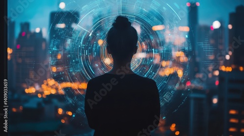 Wallpaper Mural Silhouette of a woman with HUD overlay looks at cityscape at night. Illustrates technology, data, futuristic concepts, and business strategy. Torontodigital.ca