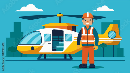 A technician proudly stands next to a recently upgraded air taxi equipped with the latest technology and automated features showcasing the continuous advancements in the. Vector illustration