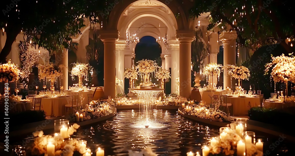 Luxurious wedding scenes in elegant natural and architectural settings, surrounded by florals, candlelight, and evolving romantic atmospheres...