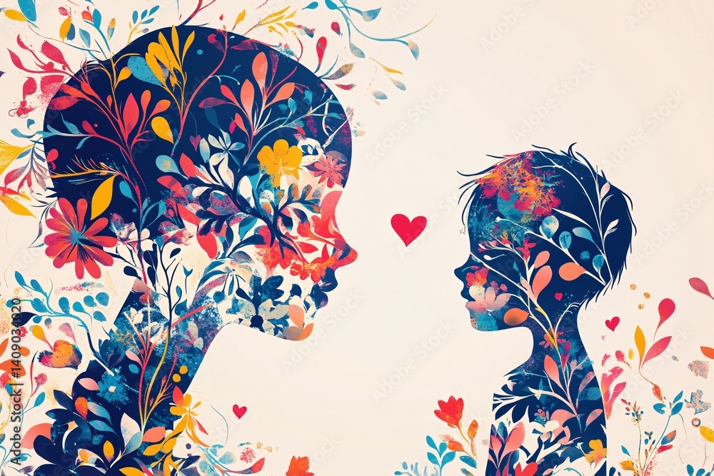 Fototapeta premium Mother and child silhouettes adorned with floral patterns, expressing love and connection.