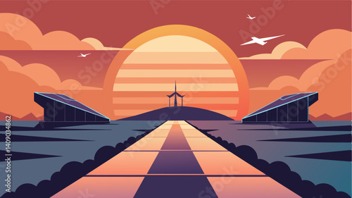 Against the backdrop of a breathtaking sunset the eVTOLs descend gracefully onto the landing pads marking the end of another day in the ecovillage where modern technology and. Vector illustration