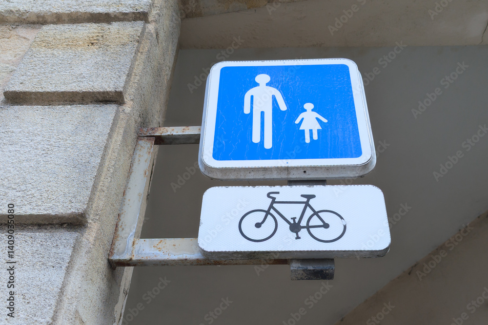 Pedestrian zone sign french panel sign means pedestrian zone area cyclist please dismount and walk foot on the ground road sign