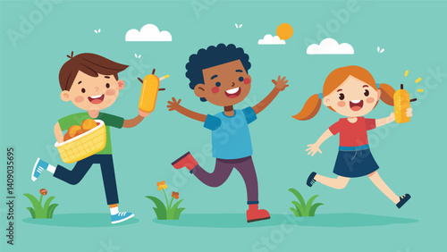 Children run around excitedly playing games and snacking on grilled corn on the cob.. Vector illustration