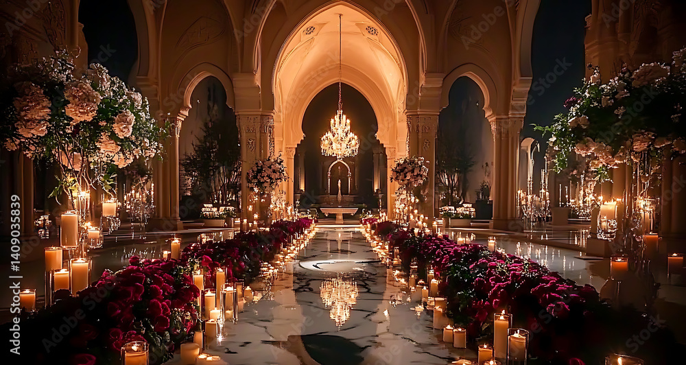 Luxurious wedding scenes in elegant natural and architectural settings, surrounded by florals, candlelight, and evolving romantic atmospheres...