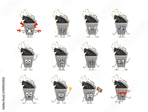 Trash character expressing various emotions in a playful and colorful cartoon style