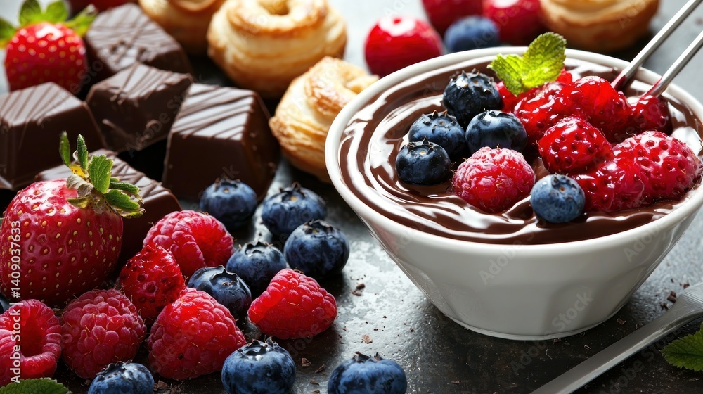 Chocolate fondue with fresh berries and pastries Chocolate fondue with fresh berries and pastries