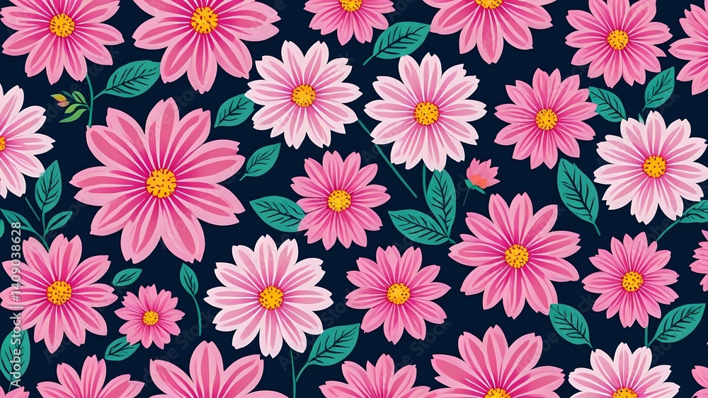 Fototapeta premium Pink Daisy Flower Pattern on Dark Blue Background for Spring Designs
