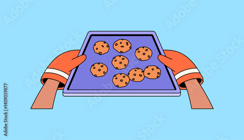Cartoon-style illustration of two hands wearing oven mitts holding a tray of freshly baked chocolate chip cookies , perfect for themes like baking, home cooking