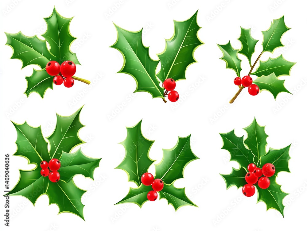 Fototapeta premium Vibrant green holly leaves with bright red berries create a festive Christmas feel. Perfect for holiday cards, invitations, and festive designs.