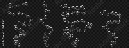 Transparent bubbles rising underwater on a dark background. Vector overlay effect for aqua, soda, or carbonated drink themes.